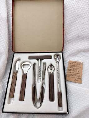 Vintage Stainless Steel & Wood Bar Tool Set - 6 Piece